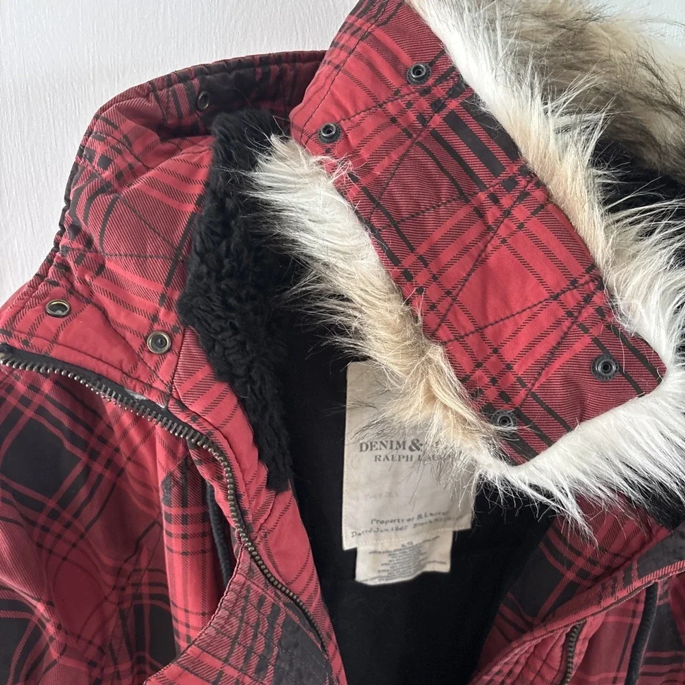 Polo Ralph Lauren Mens Fur Hooded Down Parka Jacket Black Sz XL  Red And Black